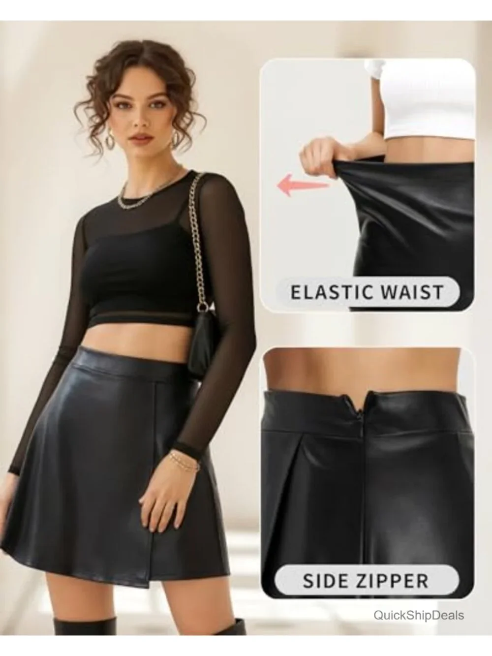 Faux Leather High Waist A-Line Mini Skirt with Zipper Closure